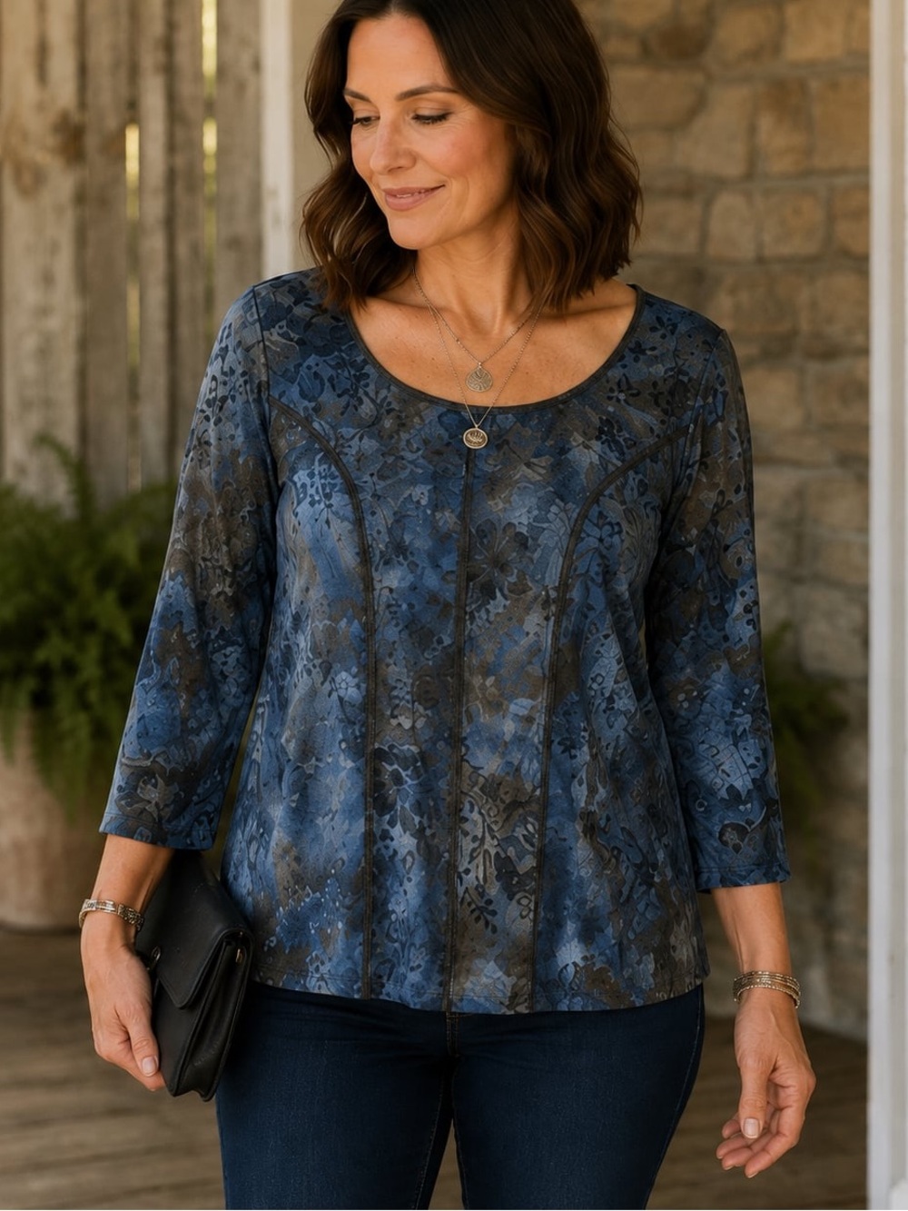 Roz & Ali Blue Floral-Print 3/4 Length Sleeve Scoop Neck Top
